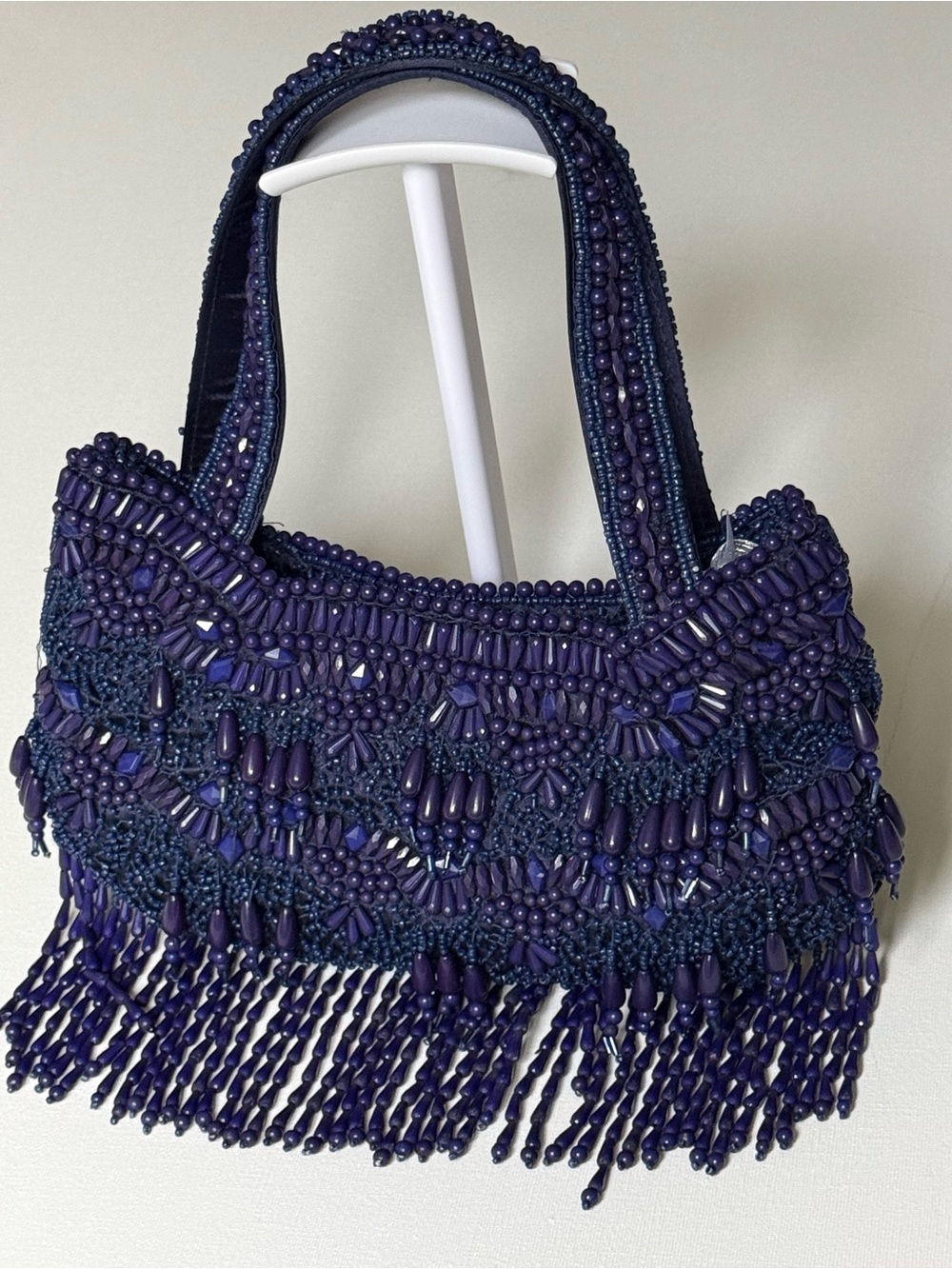 Beaded Fringe Evening Tote in Dark Blue